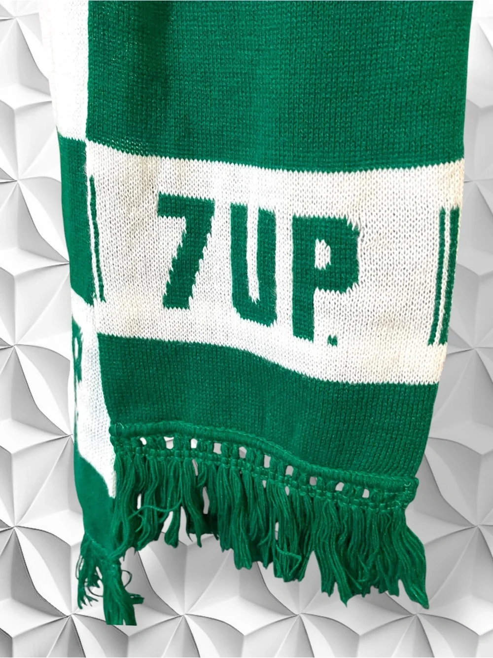 Vintage 7-Up Striped Knit Scarf Green White Fringed Retro 70s 80s Soda Promo